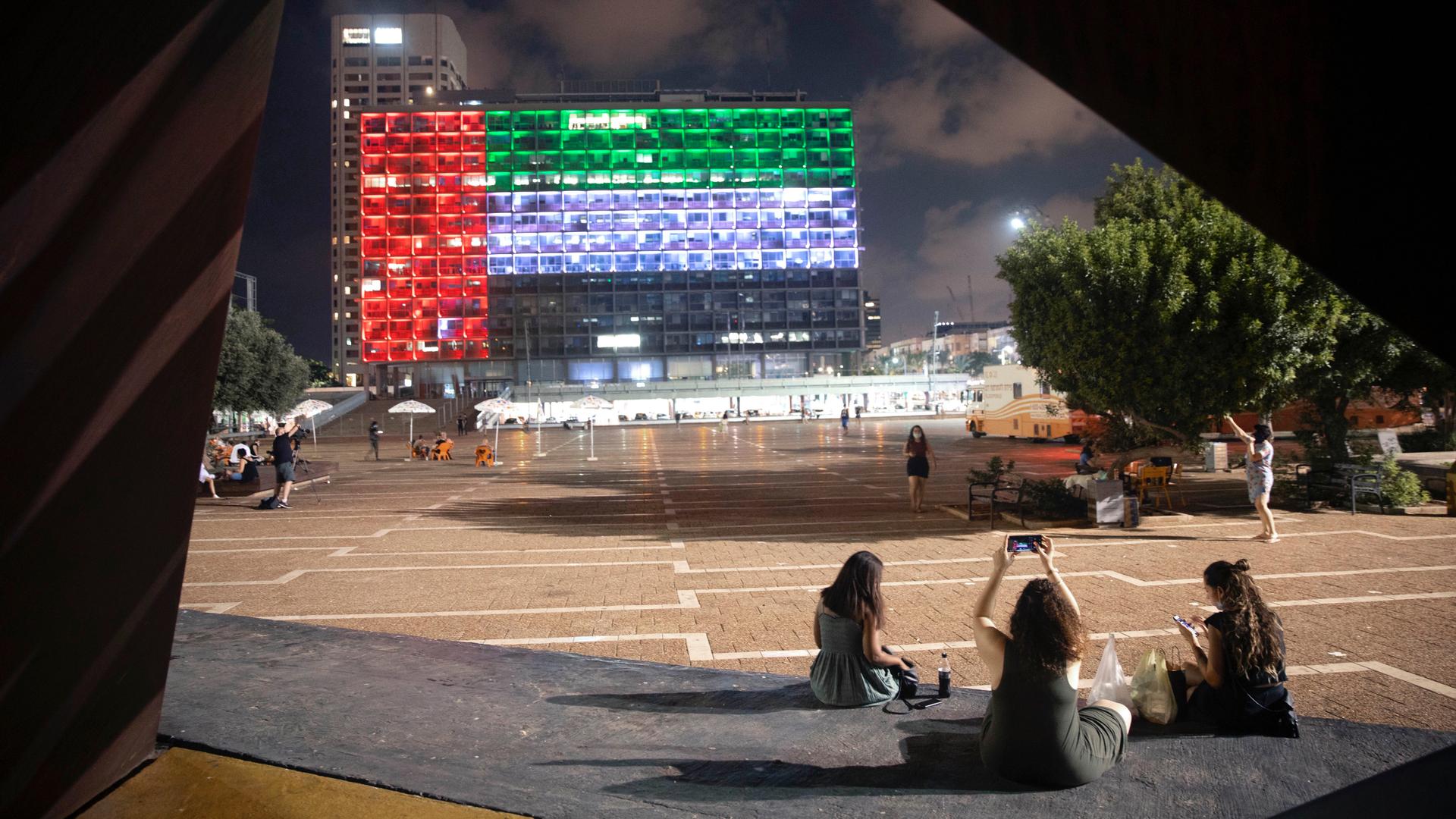 Tel Aviv City Hall is lit up with the flags of the United Arab Emirates and Israel as the countries announced they would soon be establishing full diplomatic ties, Aug. 13, 2020. 