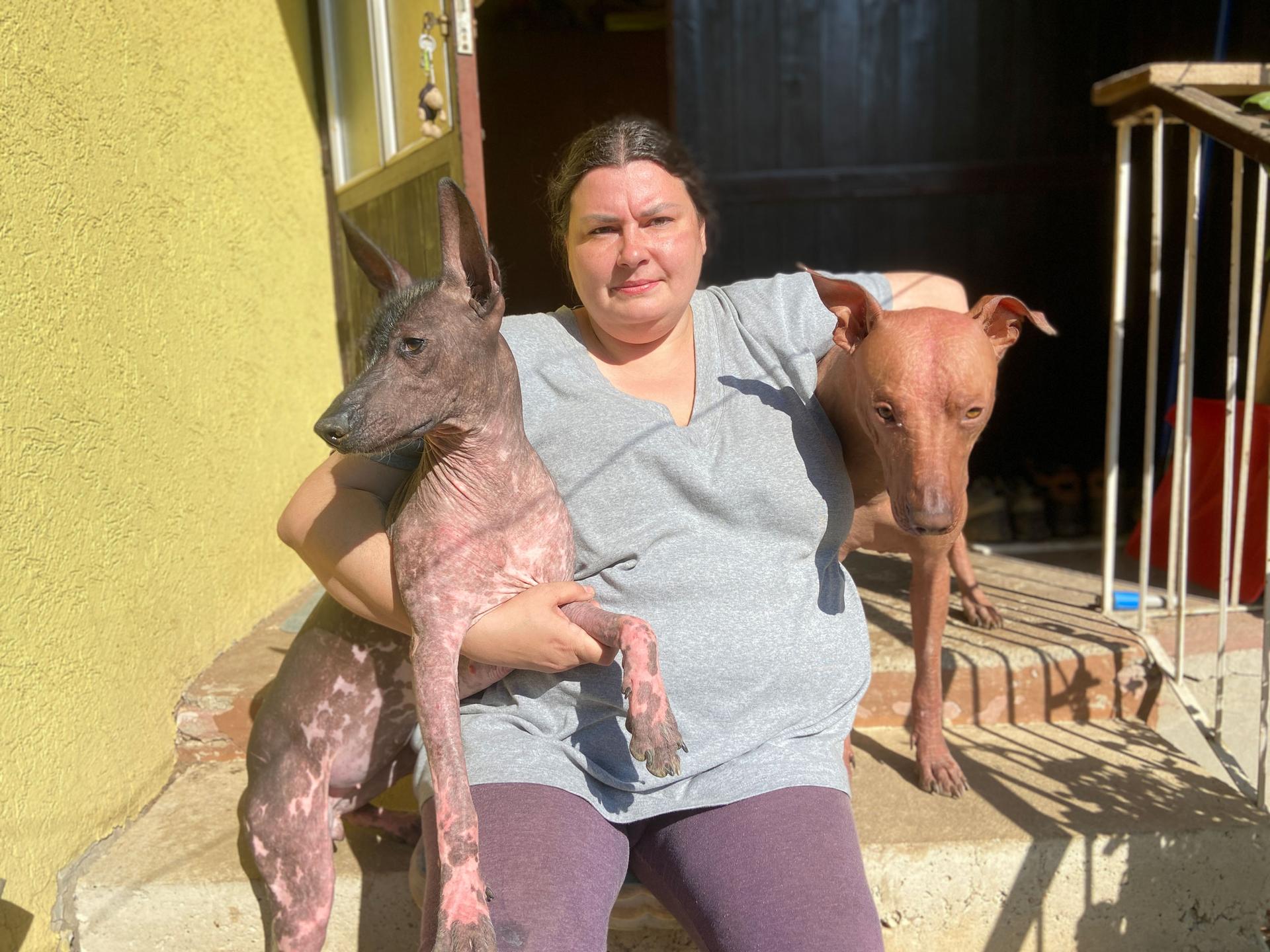 Ukrainian ethnographer Maia Ernst sits on the porch of her house with two of her dogs.