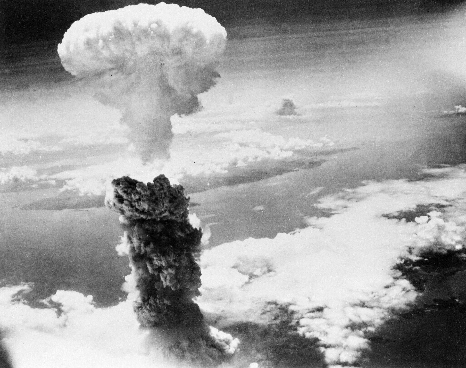 In this Aug. 9, 1945, file photo, a giant column of smoke rises after the second atomic bomb ever used in warfare explodes over the Japanese port town of Nagasaki, Japan.