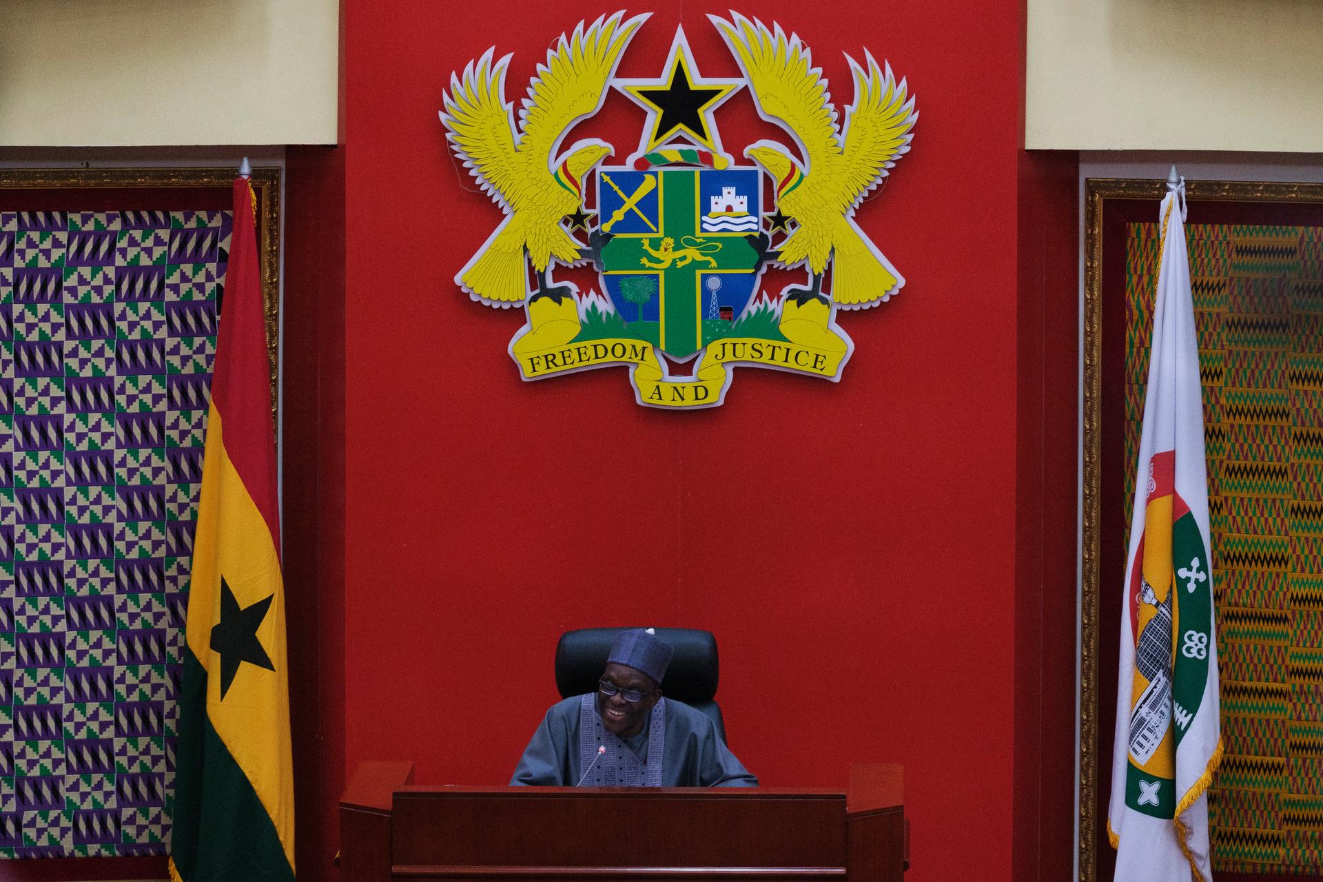 Speaker of Ghana Parliament Alban Sumana Bagbin speaks at the Parliament House in Accra, Wednesday, Feb. 28, 2024.