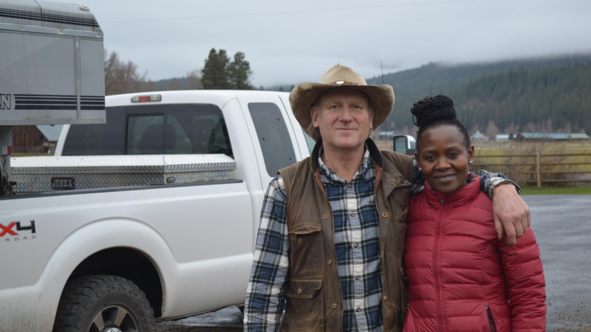 Rancher Bill Johnson and wildlife researcher Carol Bogezi on Johnson's ranch in Washington's Teanaway Valley. Bogezi has been working with Johnson and other ranchers in eastern Washington to try to find a way to help them live more amicably with wolves.