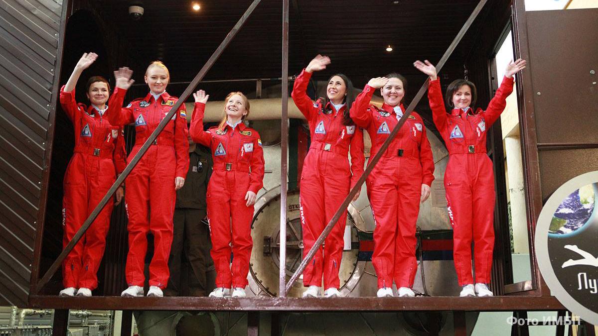 Six Russian women who underwent eight days of simulated space flight in a mock space capsule.