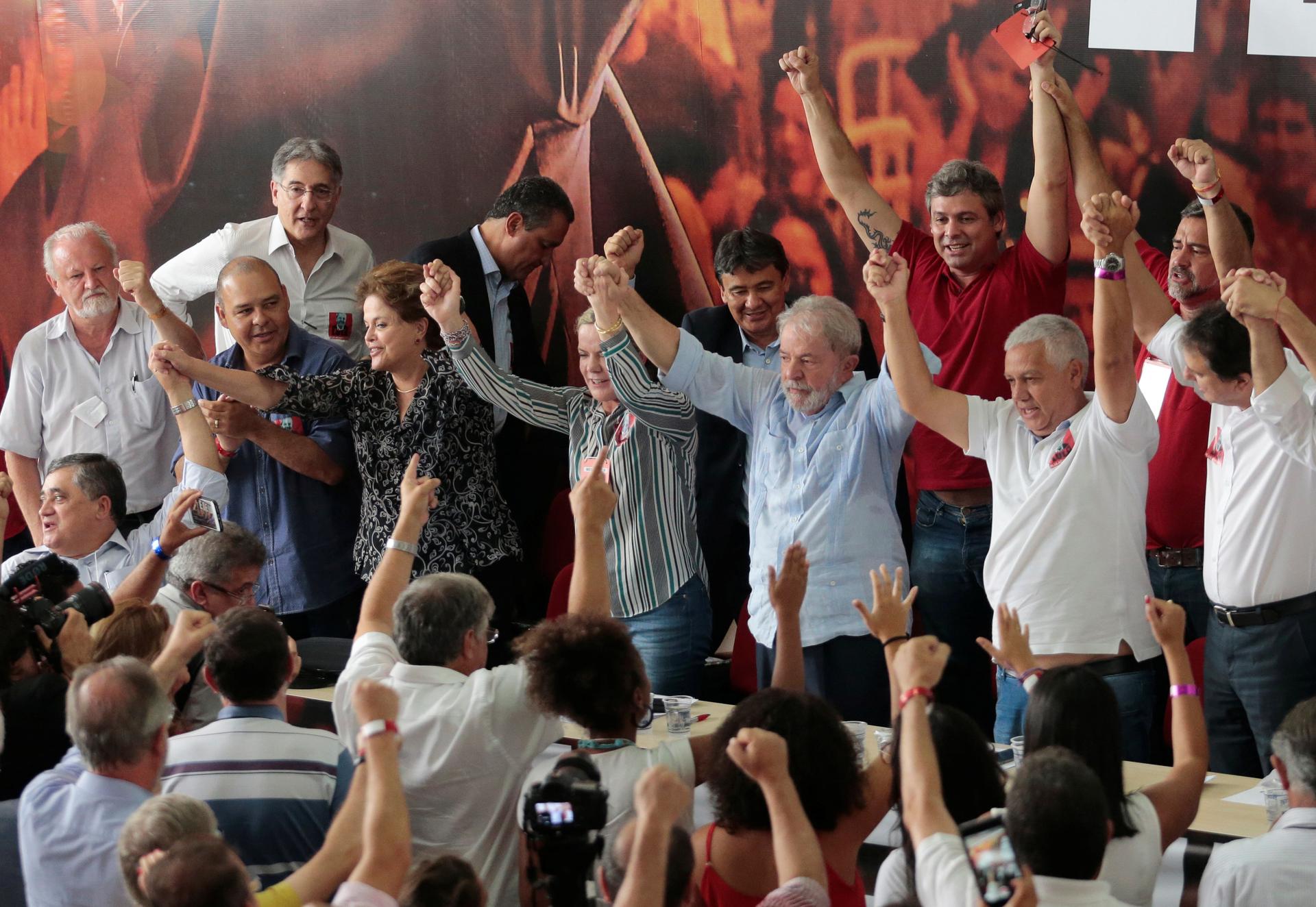 Former Brazilian president Luiz Inacio Lula da Silva attends a meeting with members of the Workers Party that decided Lula da Silva will be its candidate again in the 2018 election, despite losing an appeal against a corruption conviction that will likely