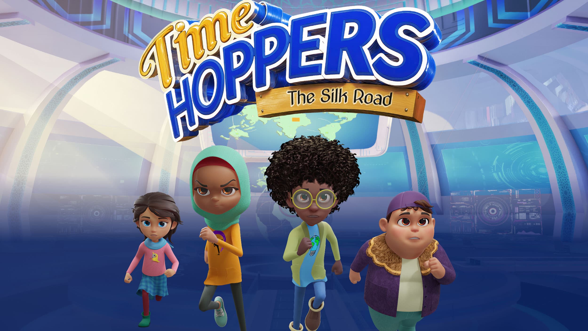 Animated poster for "Time Hoppers: The Silk Road" featuring four diverse characters in motion, set against a futuristic backdrop of curved architecture and digital screens, with the title prominently displayed above.