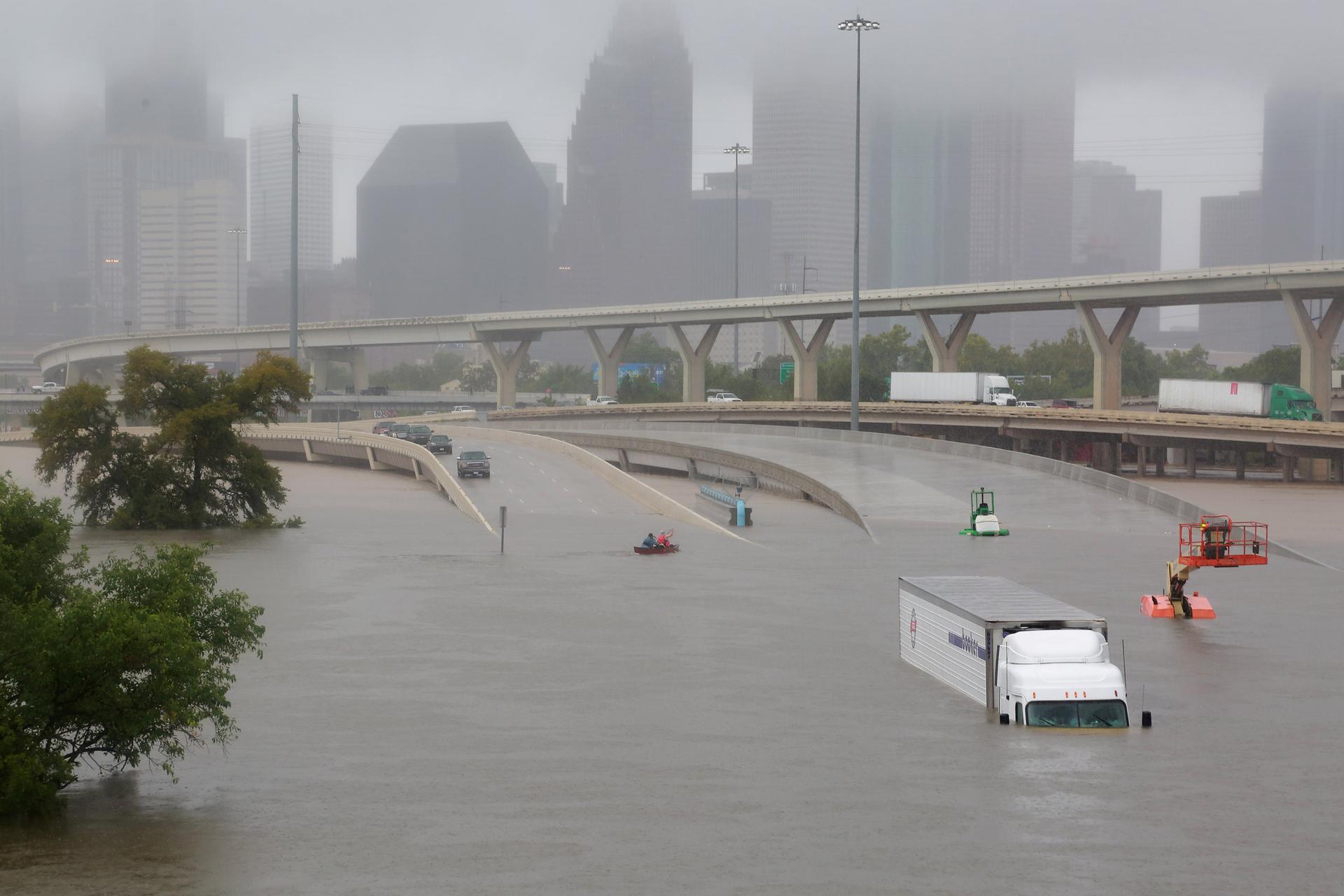 Interstate highway 45 is submerged from the effects of Hurricane Harvey.