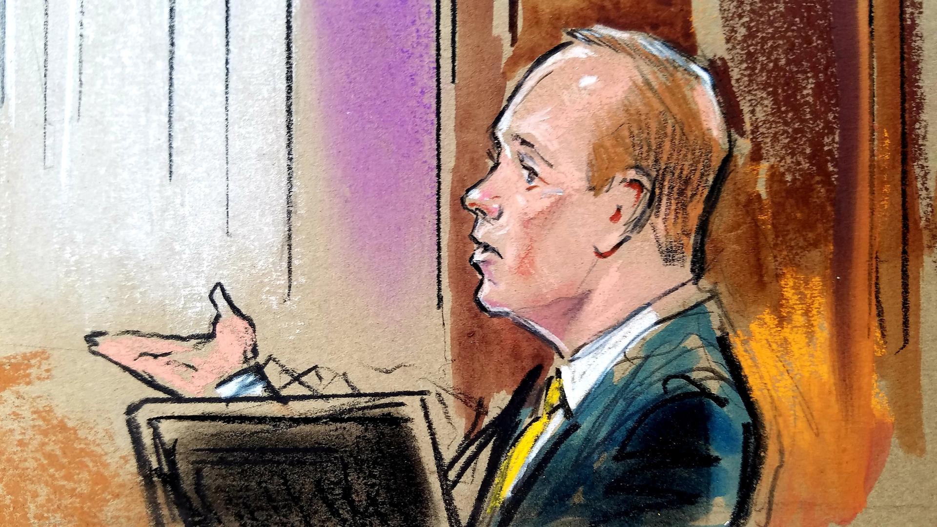 In this illustration, Rick Gates is shown testifying wearing a suit while sitting on the stand.