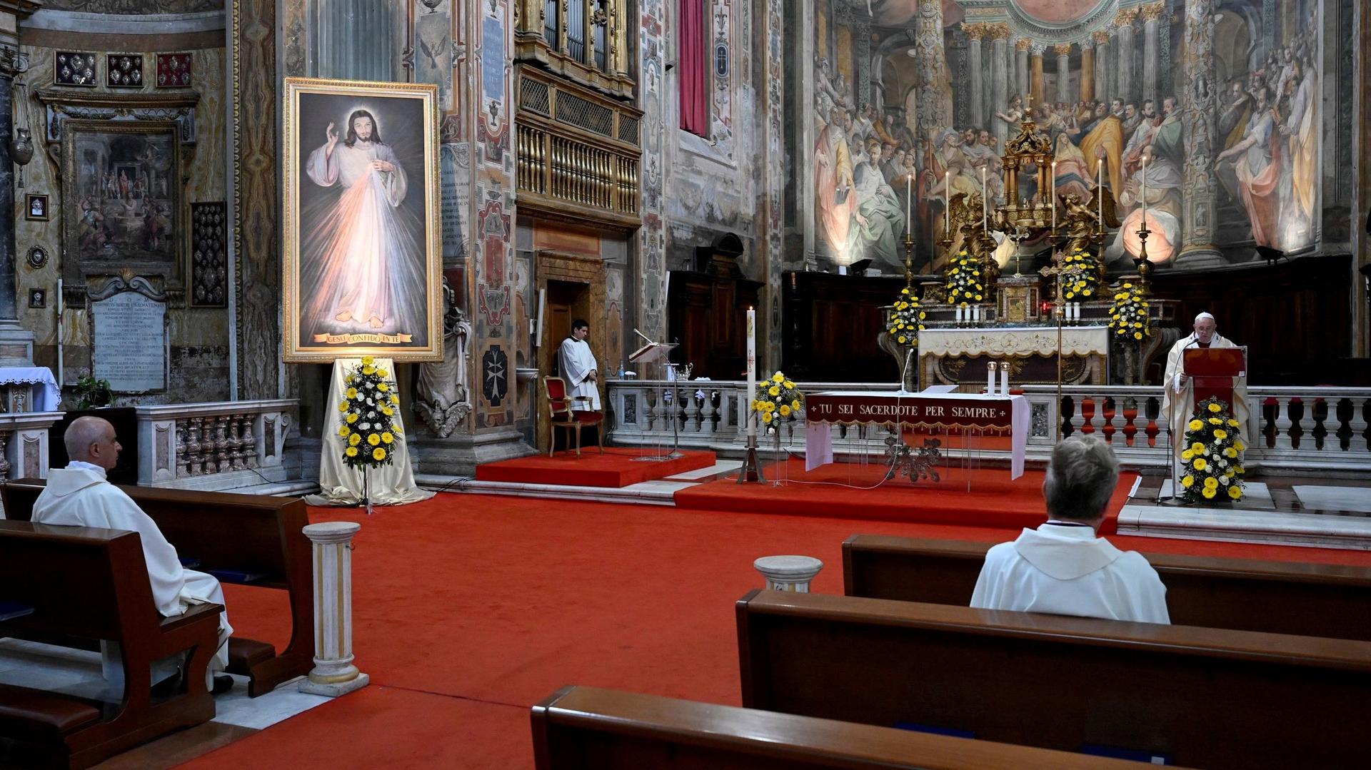 Pope Francis leads Mass and the Regina Coeli prayer in Rome's Santo Spirito in Sassia church without public participation due to an outbreak of the coronavirus disease (COVID-19), in Rome, April 19, 2020.