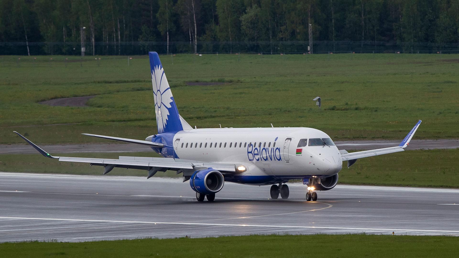 A Belavia plane lands at the International Airport outside Vilnius, Lithuania