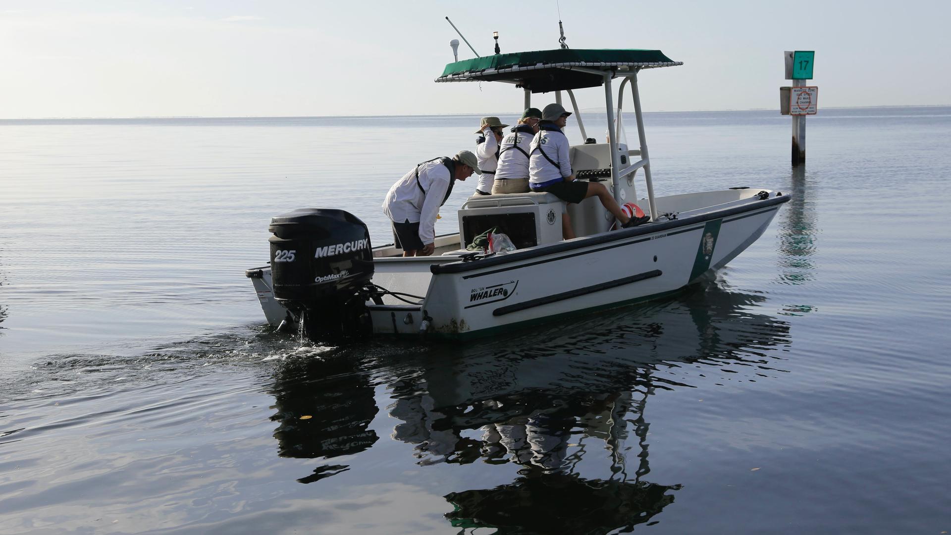 A National Park Service boat navigates the waters in Biscayne National Park, Florida, July 8, 2014. Federal officials are seeking to ban commercial fishing in the park which is offshore from suburban Miami. Officials say cutting off commercial fishing wil