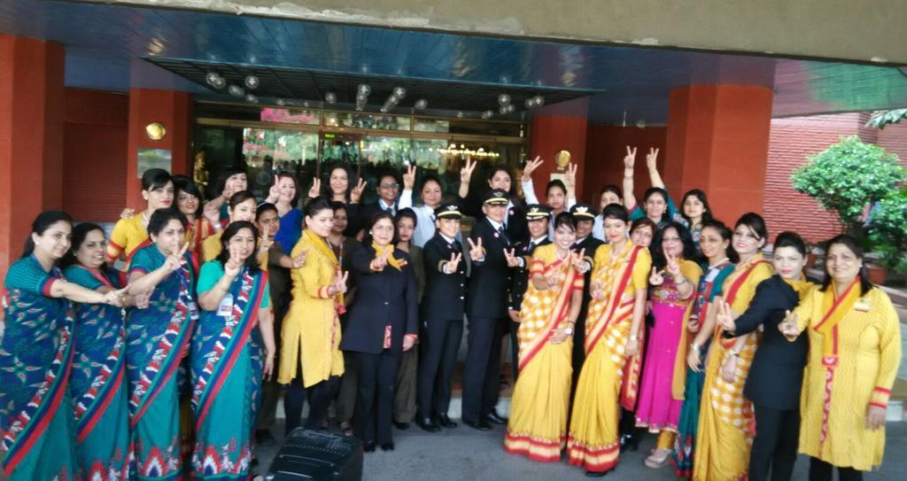 Air India's all women crew celebrating the proud moment before their longest flight, Delhi - San Francisco, take-off.