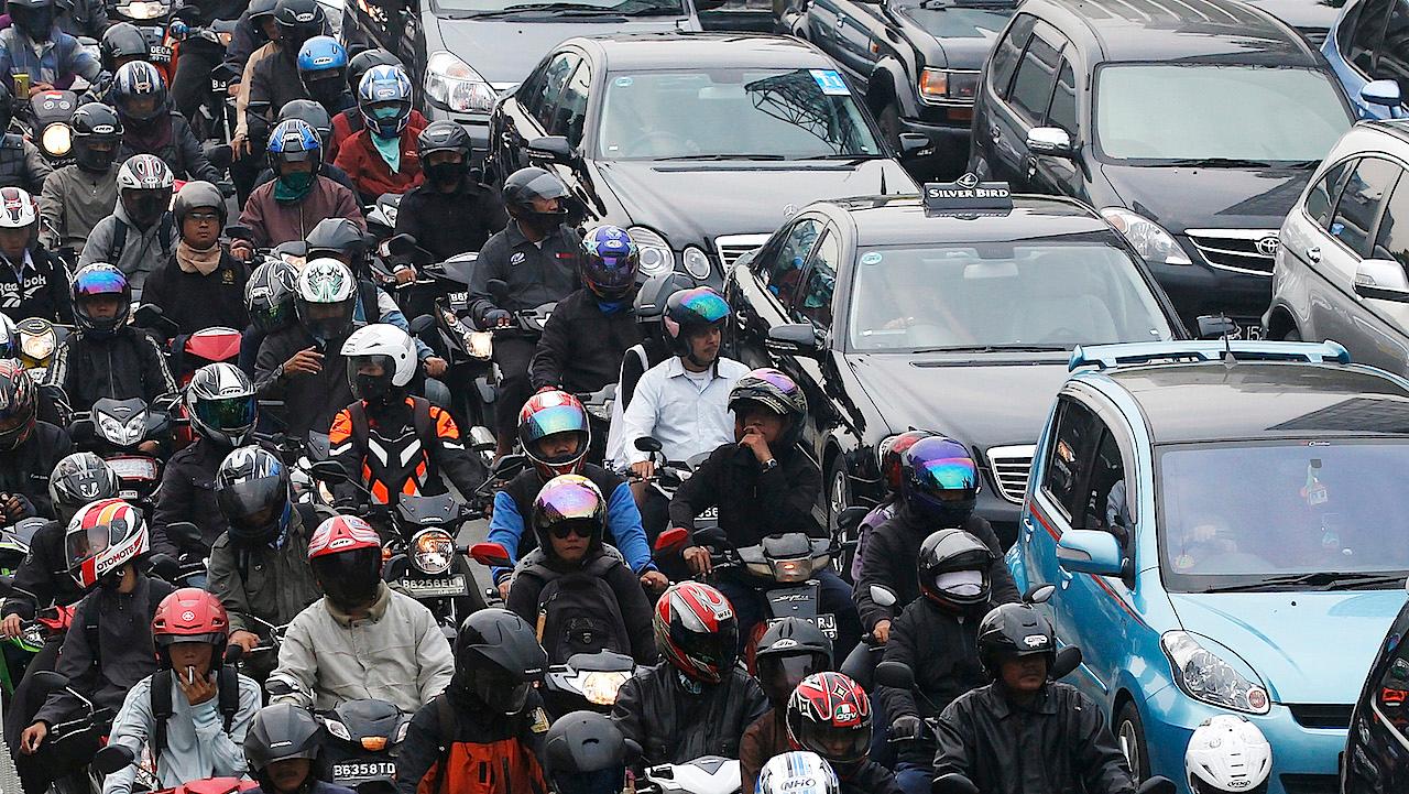 Morning rush-hour traffic in Jakarta, Indonesia.