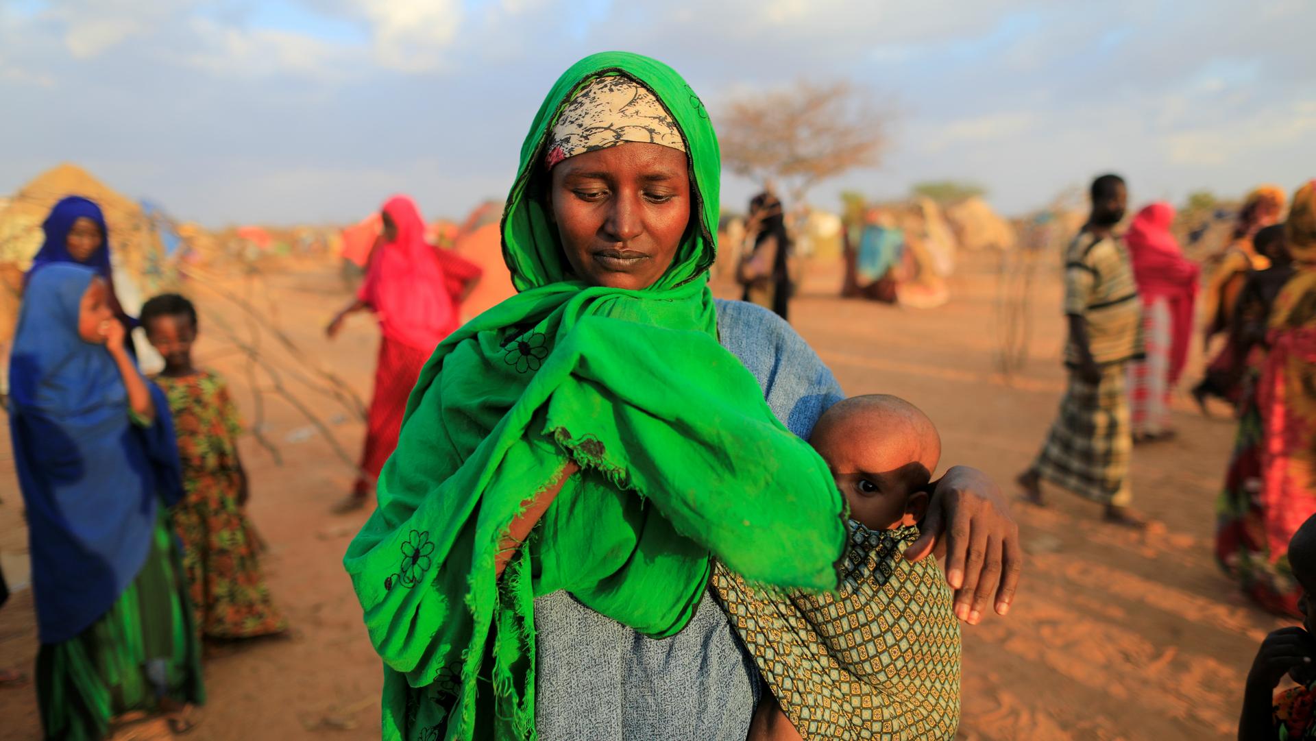 An internally displaced woman from drought-hit area at a makeshift settlement area in Dolow, Somalia, April 4, 2017.